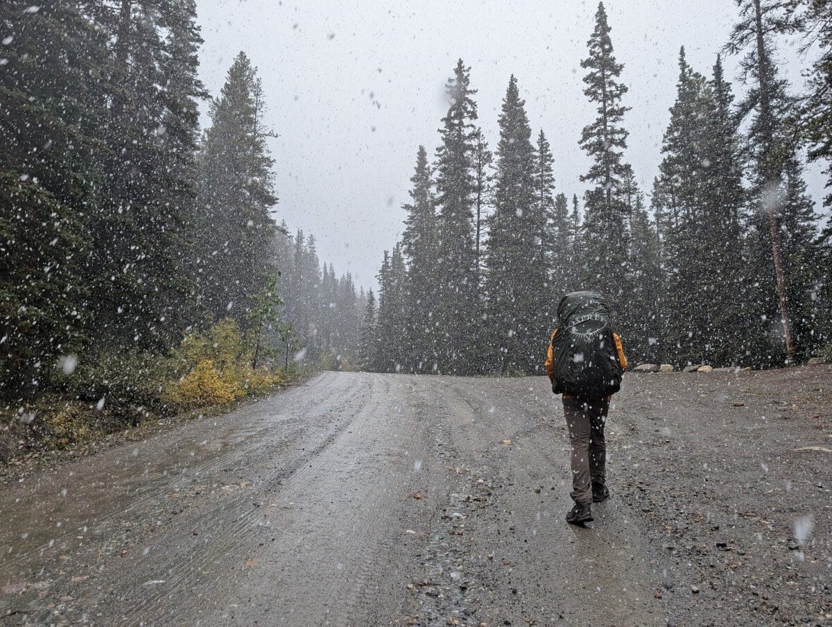Back view of hiker walking uphill on wide dirt access road on the way to Baker Lake. It is snowing and the road is lined by forest