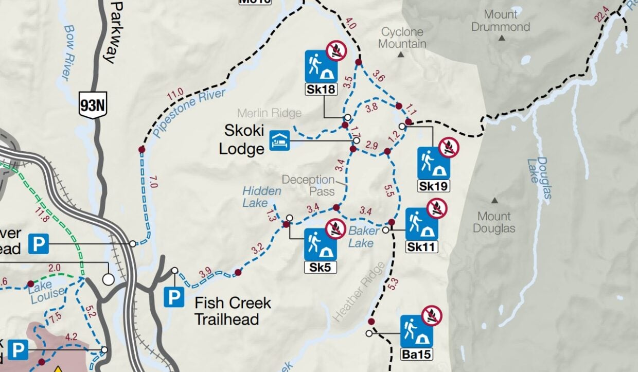 Screenshot of Baker Lake trail, Skoki Lodge and Skoki Loop from Parks Canada website
