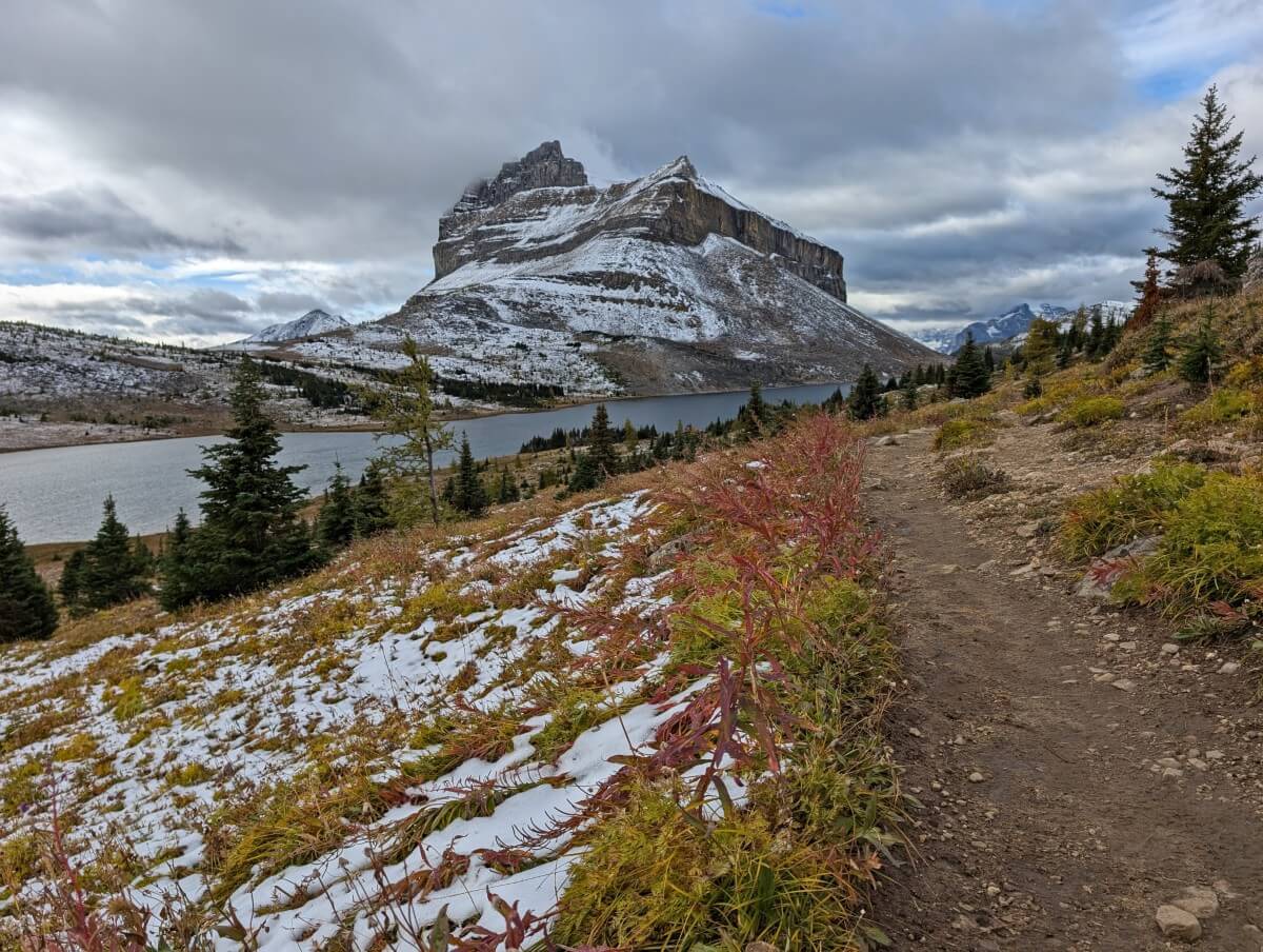 A dirt trail winds high above the shoreline of a lake which is backdropped by a large snowy mountain