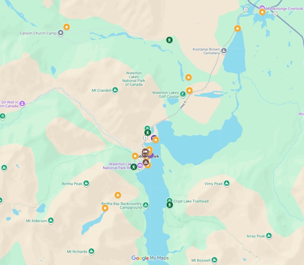 Screenshot of Waterton National Park Google Map with marked activities and places to stay