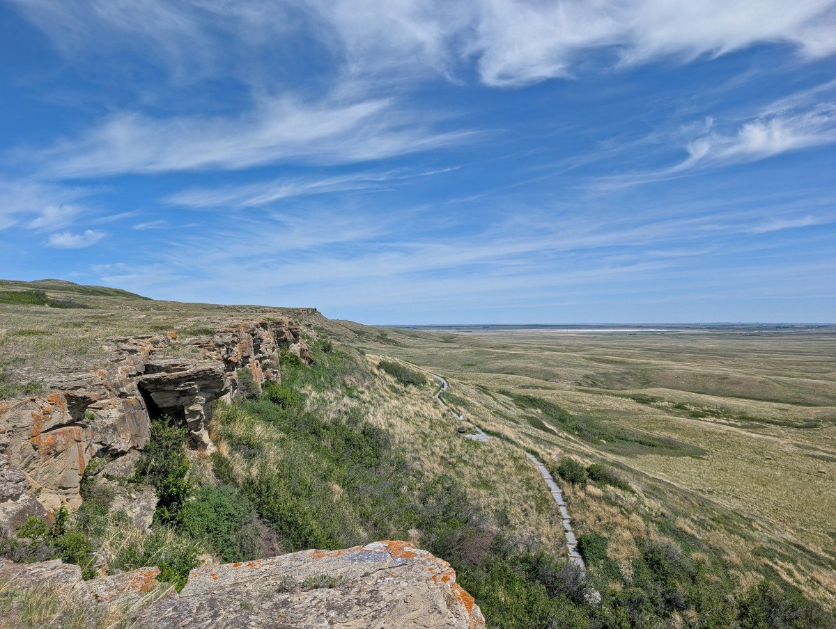 Side view of 11m high cliff in prairie landscape, site of a buffalo jump that was used to hunt bison