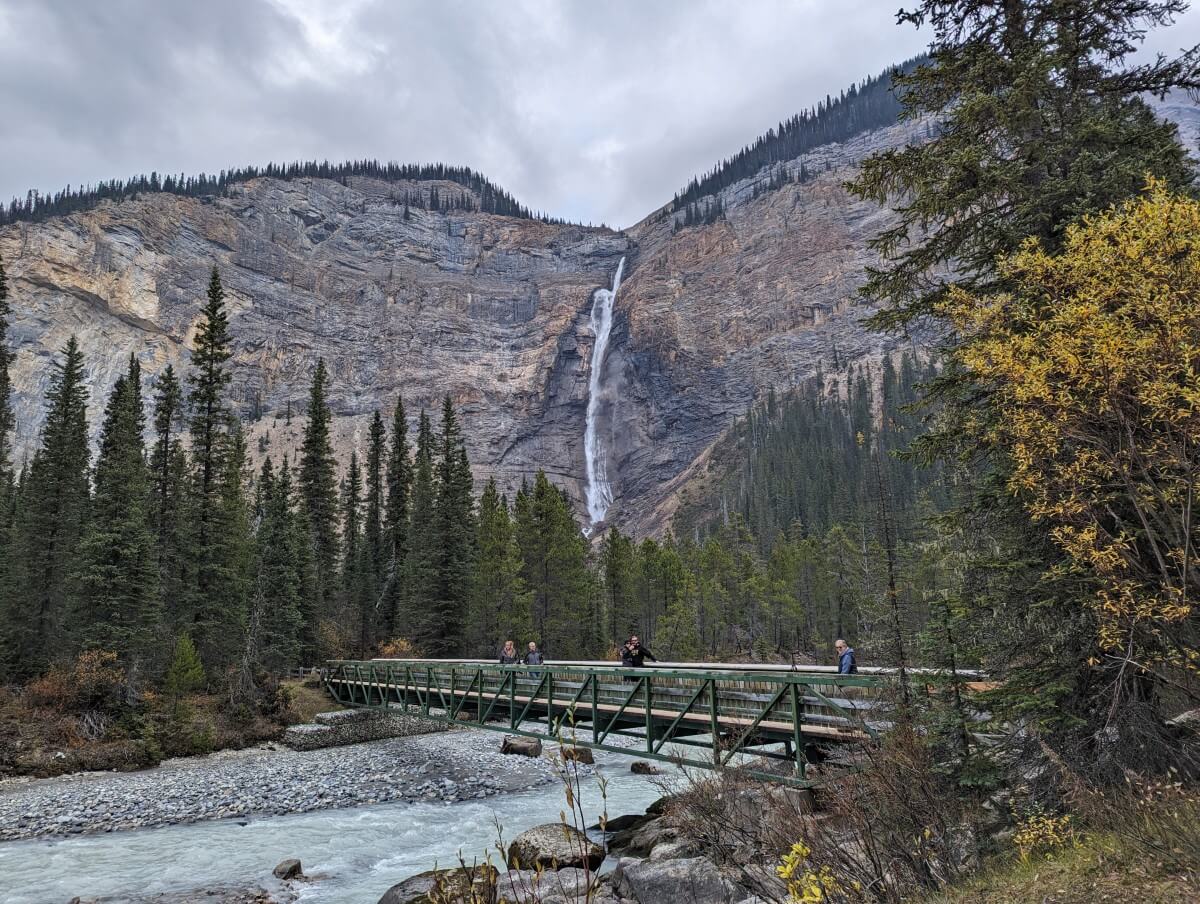 Takakkaw Falls from viewpoint behind bridge, with foliage on right and in front of the falls