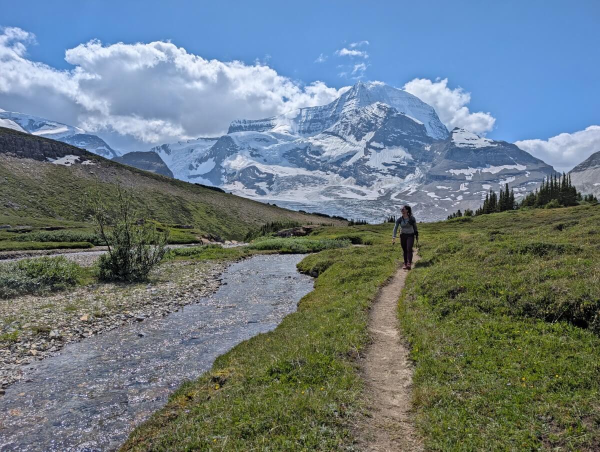 A hiker walks towards the camera on a dirt trail through the alpine meadows, next to creek and with huge mountain behind 