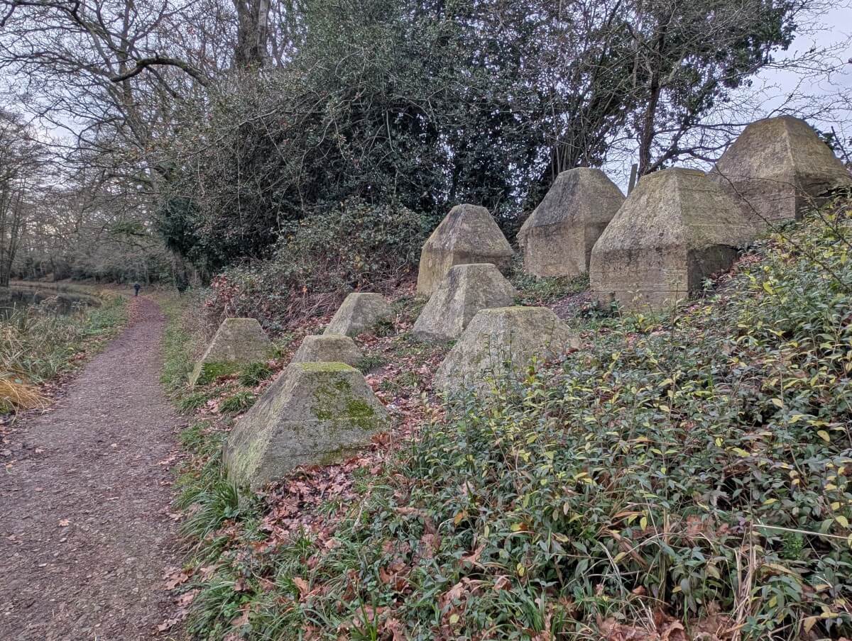 Four sided (pyramid esque) dragon's teeth concrete structures next to the dirt towpath on the Basingstoke Canal, WWII structures designed to withstand tanks