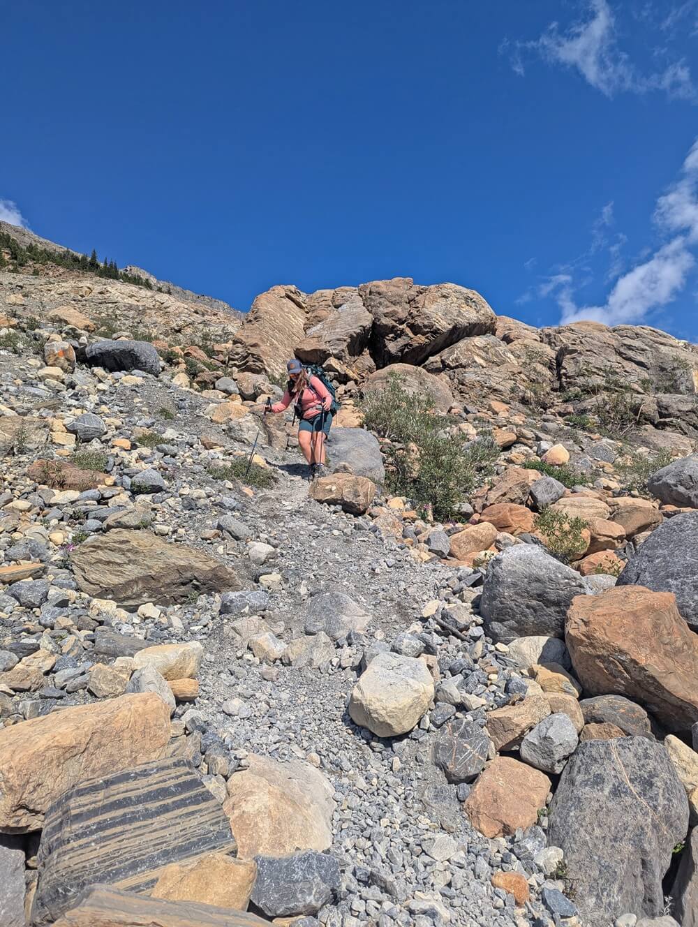 A hiker uses two poles for stability while going on a loose rock section of trail (Snowbird Pass)