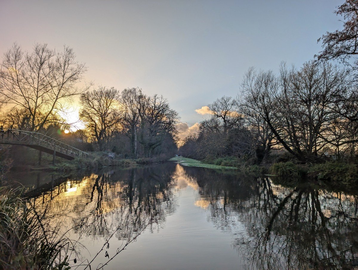 Looking back up the Basingstoke Canal from Woodham Junction, with sunset behind a reflective scene of water and trees