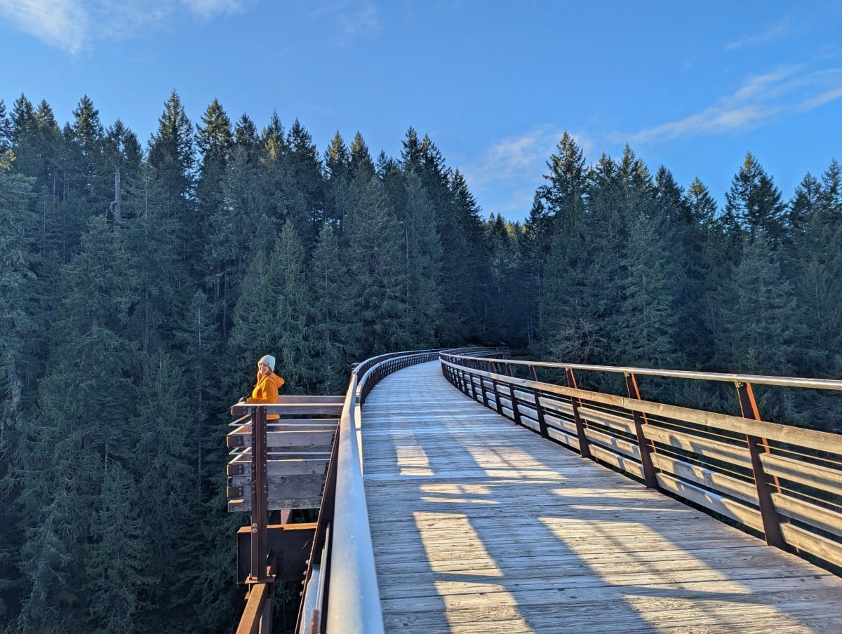 Morning view of Kinsol Trestle with light breaking through onto wooden surface of railway (trail) bridge, backdropped by forest. A woman in an orange jacket stands on a viewpoint area next to the bridge