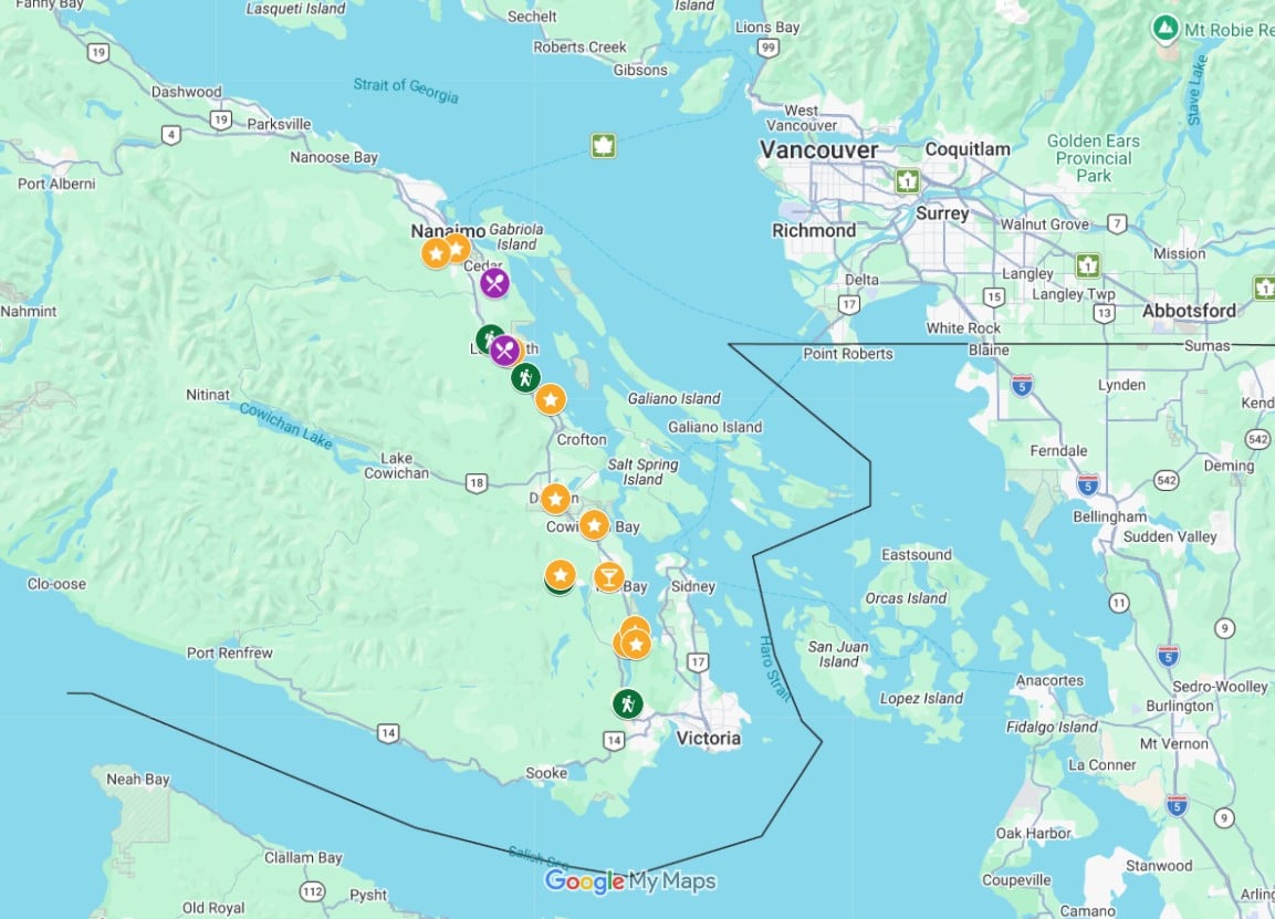 Screenshot of Google Map with featured Victoria to Nanaimo road trip highlights