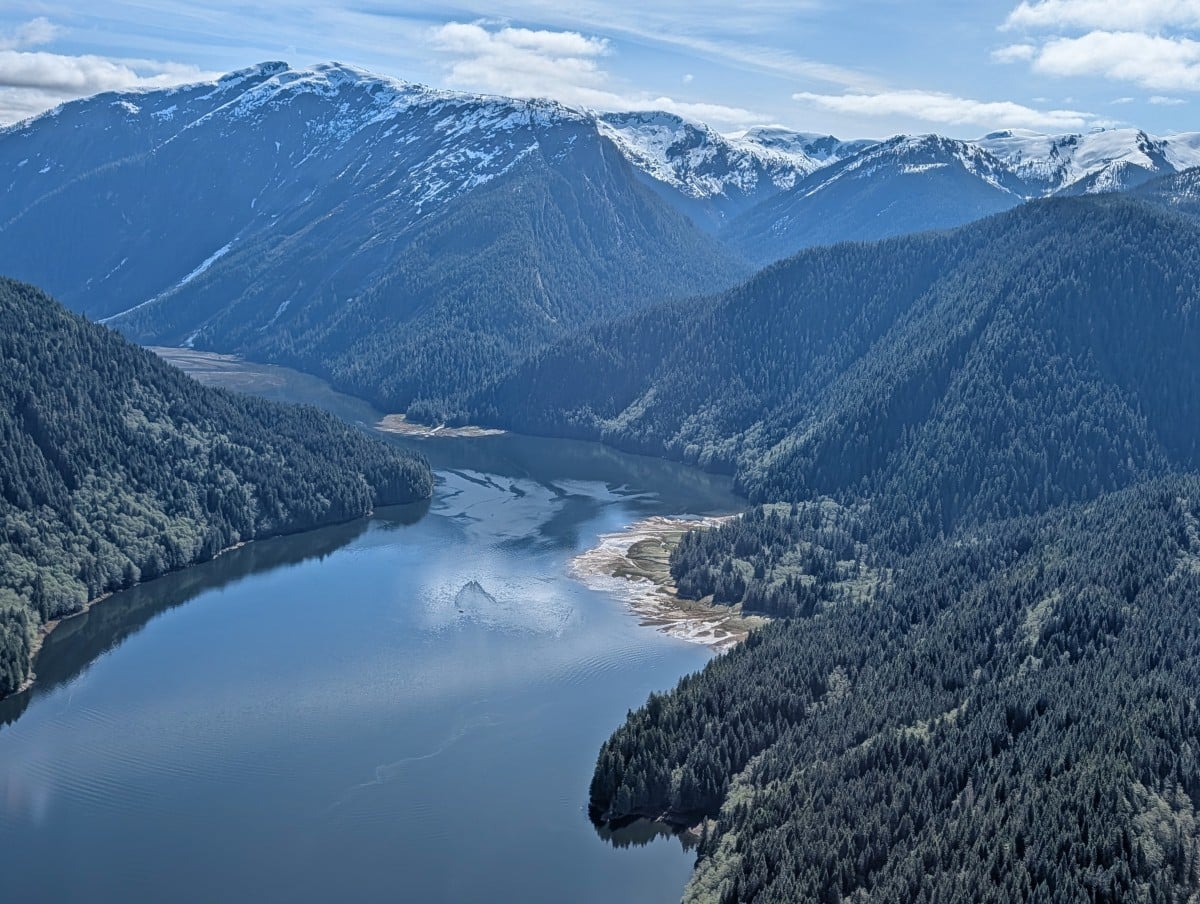 Floatplane view looking down on ocean inlet with steep forested hills and snow capped mountains above