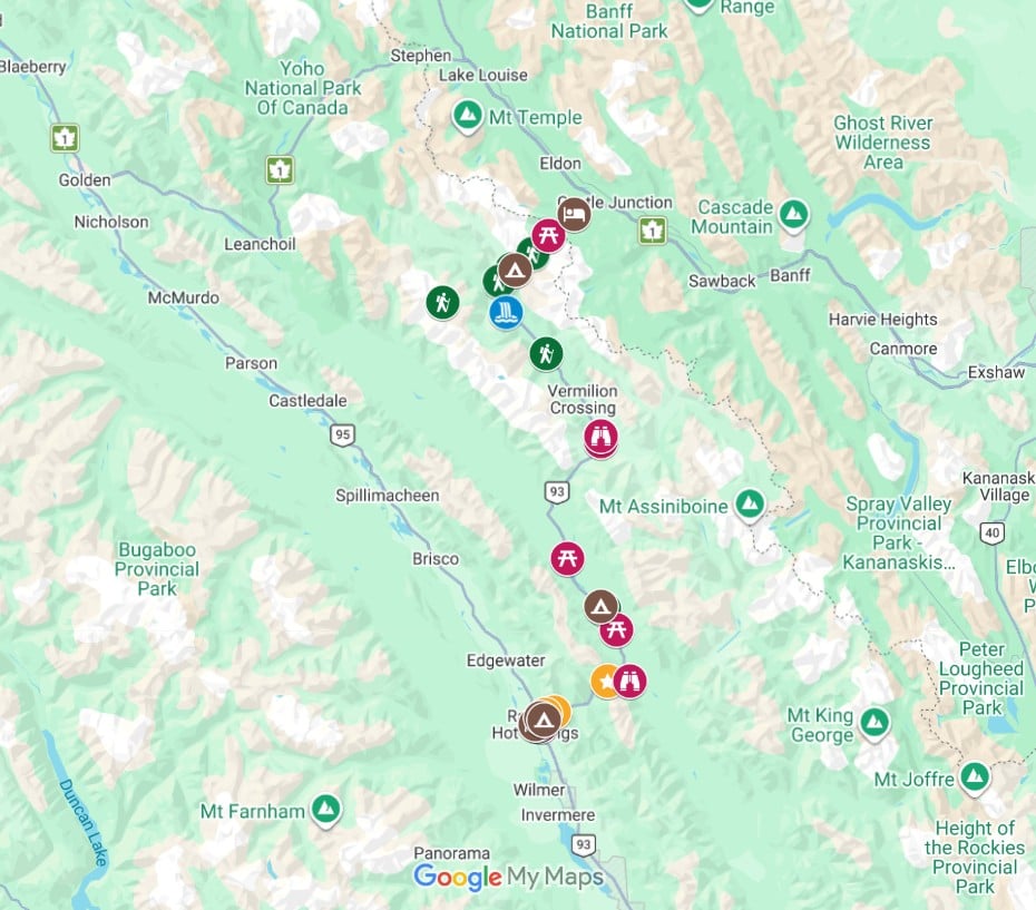 Screenshot of Kootenay National Park on Google maps with the best things to do
