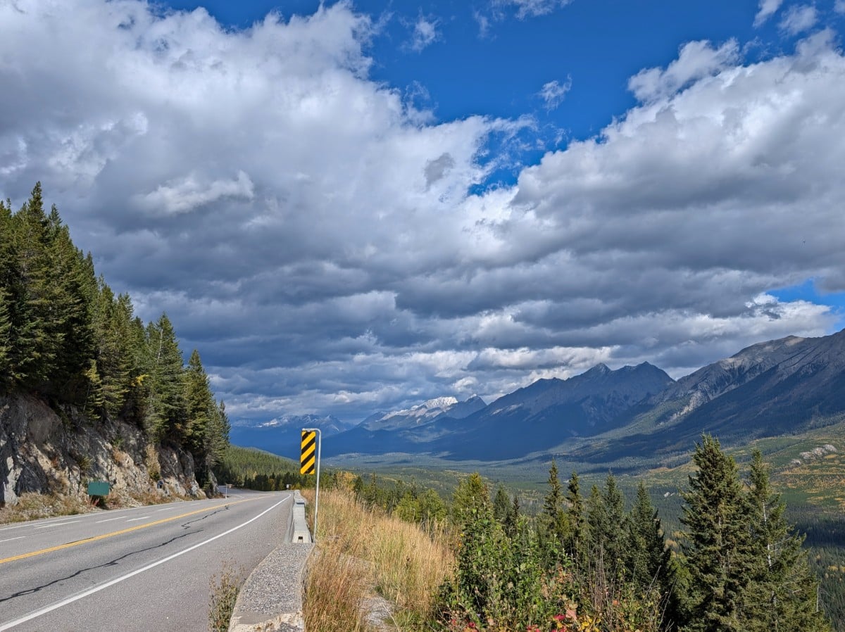 Side of the road view, looking over the top of trees to the Kootenay Valley with range of mountains on right side