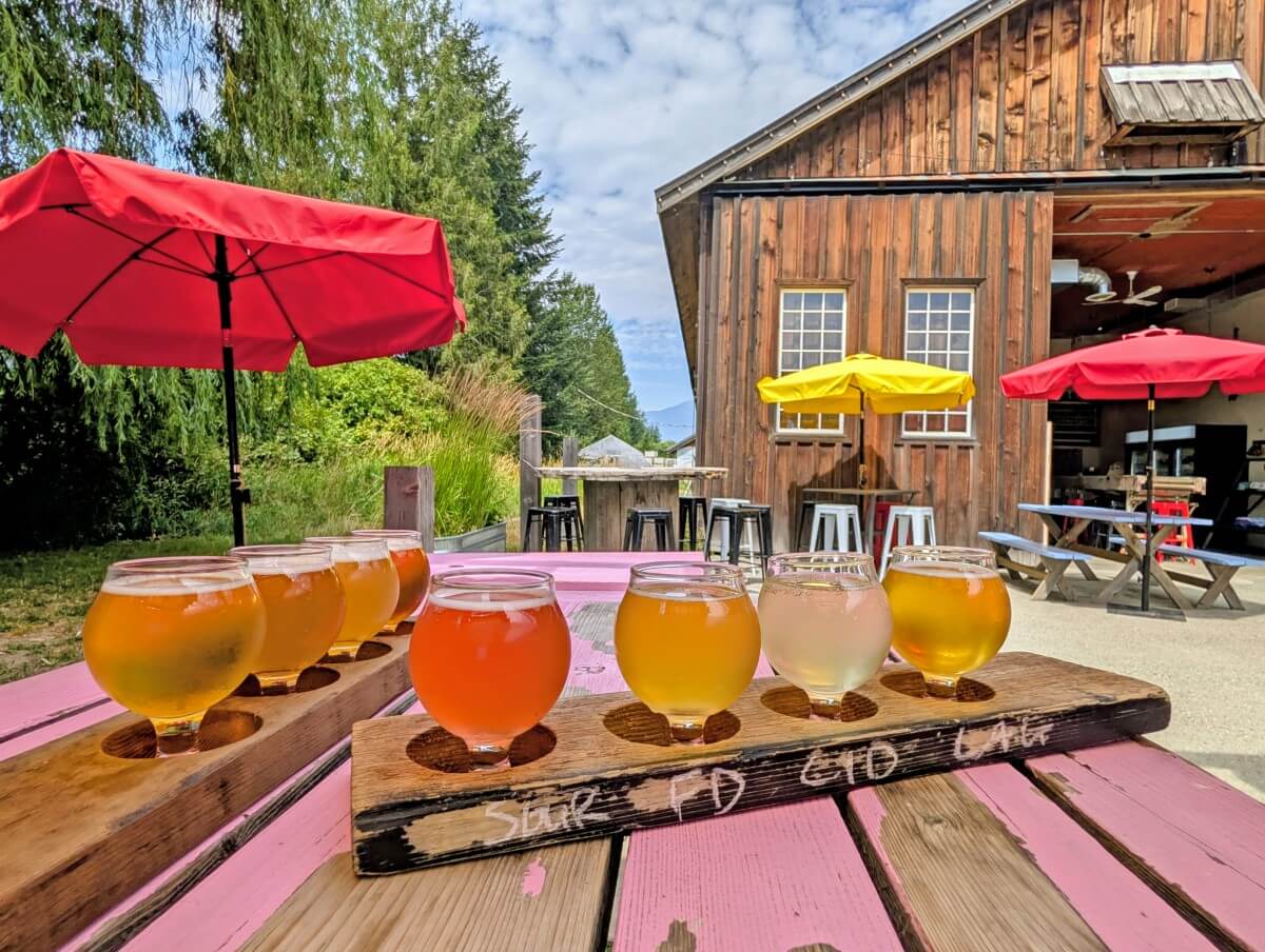 Close up of two beer flights on a picnic table outside the Beer Farmers wooden barn in Pemberton