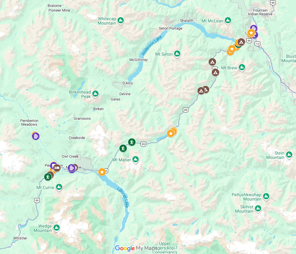Screenshot of Pemberton to Lillooet on Google Maps with featured activities