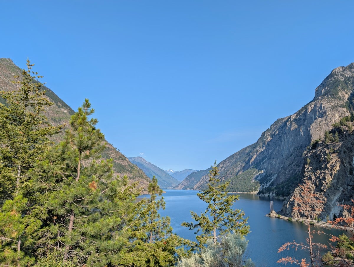Looking over the trees to Seton Lake, which is surrounded by steep cliffs