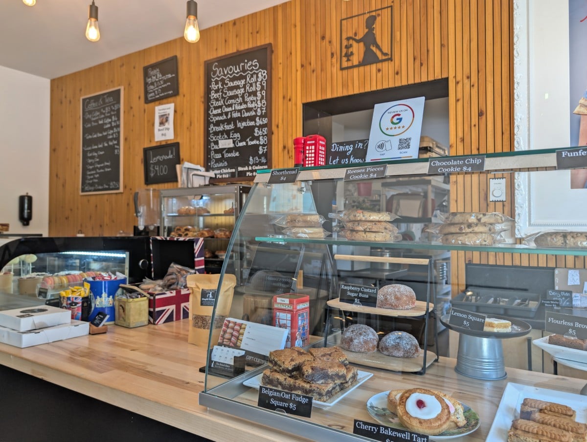 Close up of cake counter at the British Baker in Pemberton