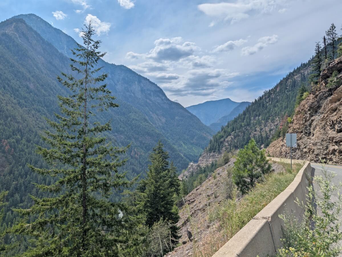 Side view from Highway 99 lookout area, featuring road and trees to the side of steeply forested valley