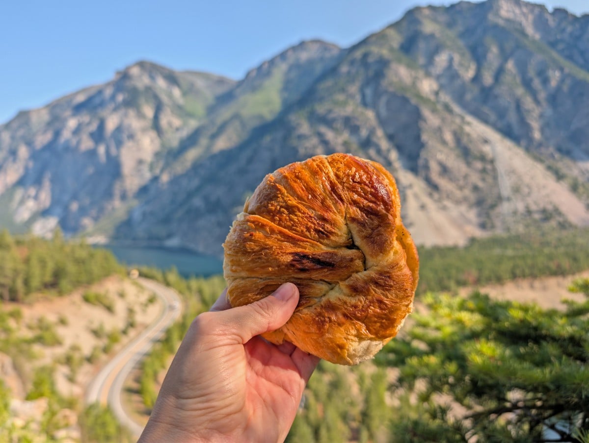 A hand holds up a croissant in front of a scenic mountain view
