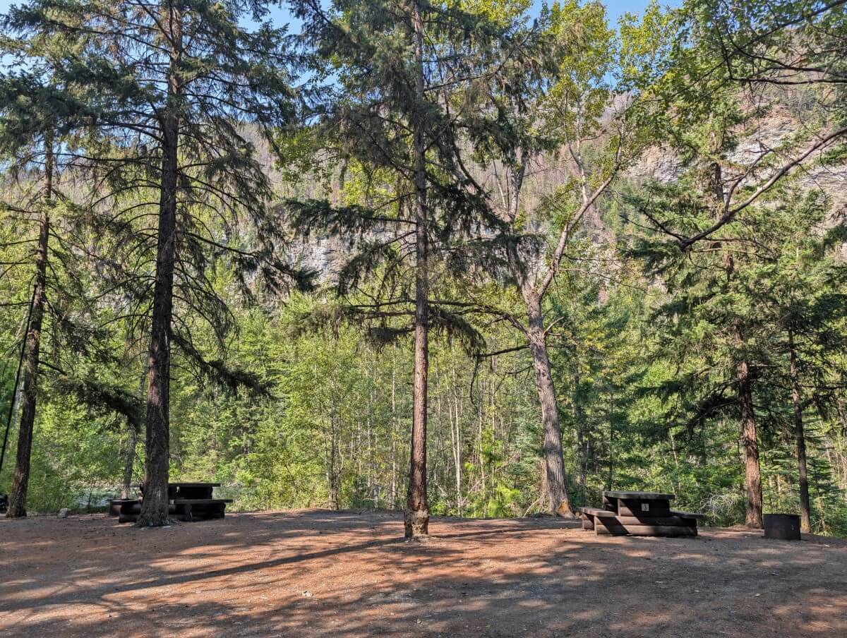 Two small campsites in the forested Cottonwood Recreation Site, each with picnic table and fire pit