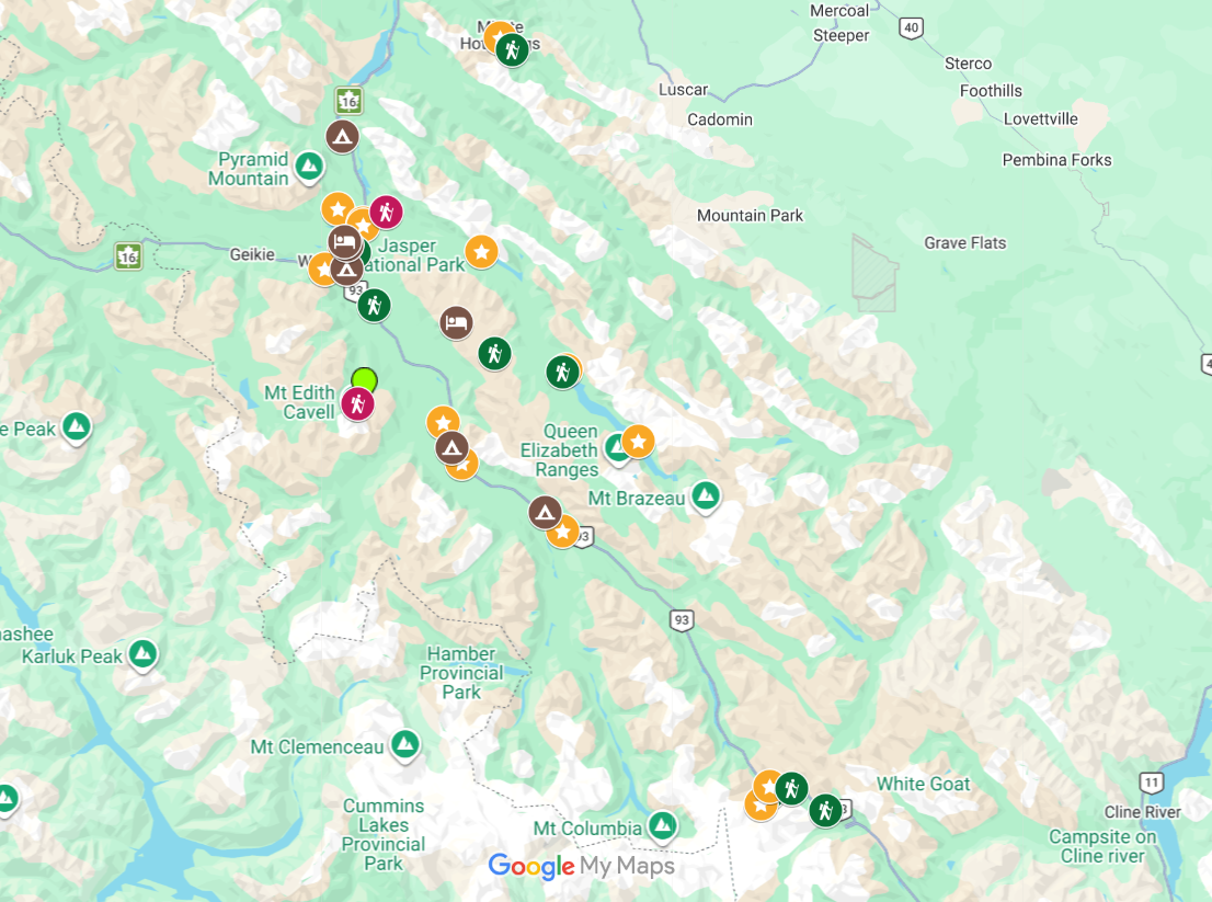 Screenshot of Google Map with featured locations in Jasper National Park