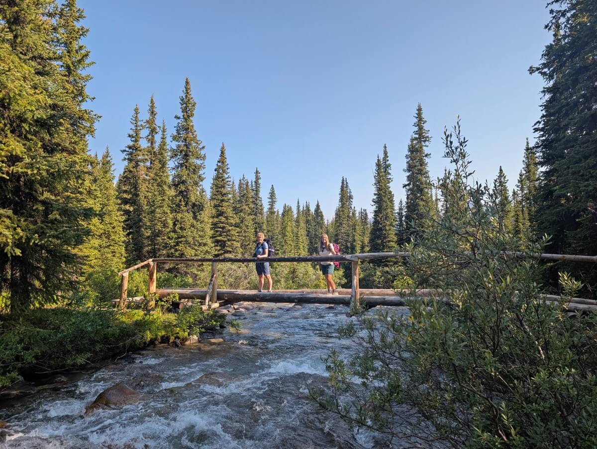 Two hikers stand on a bridge above a wide creek on the Skyline Trail with forest lining the water on either side