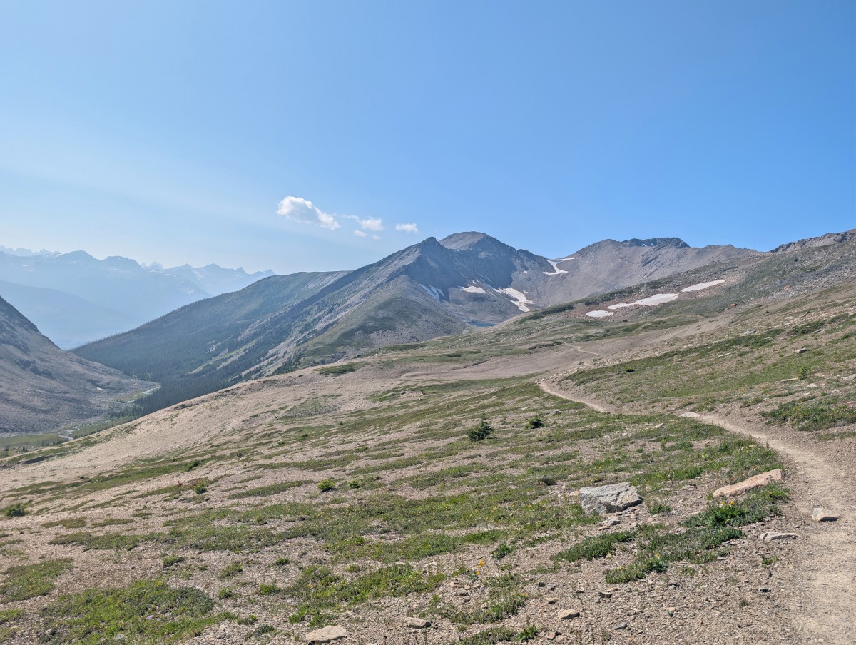 Distant view to the Notch (pass) on the Skyline Trail, with dirt trail snaking through open landscape