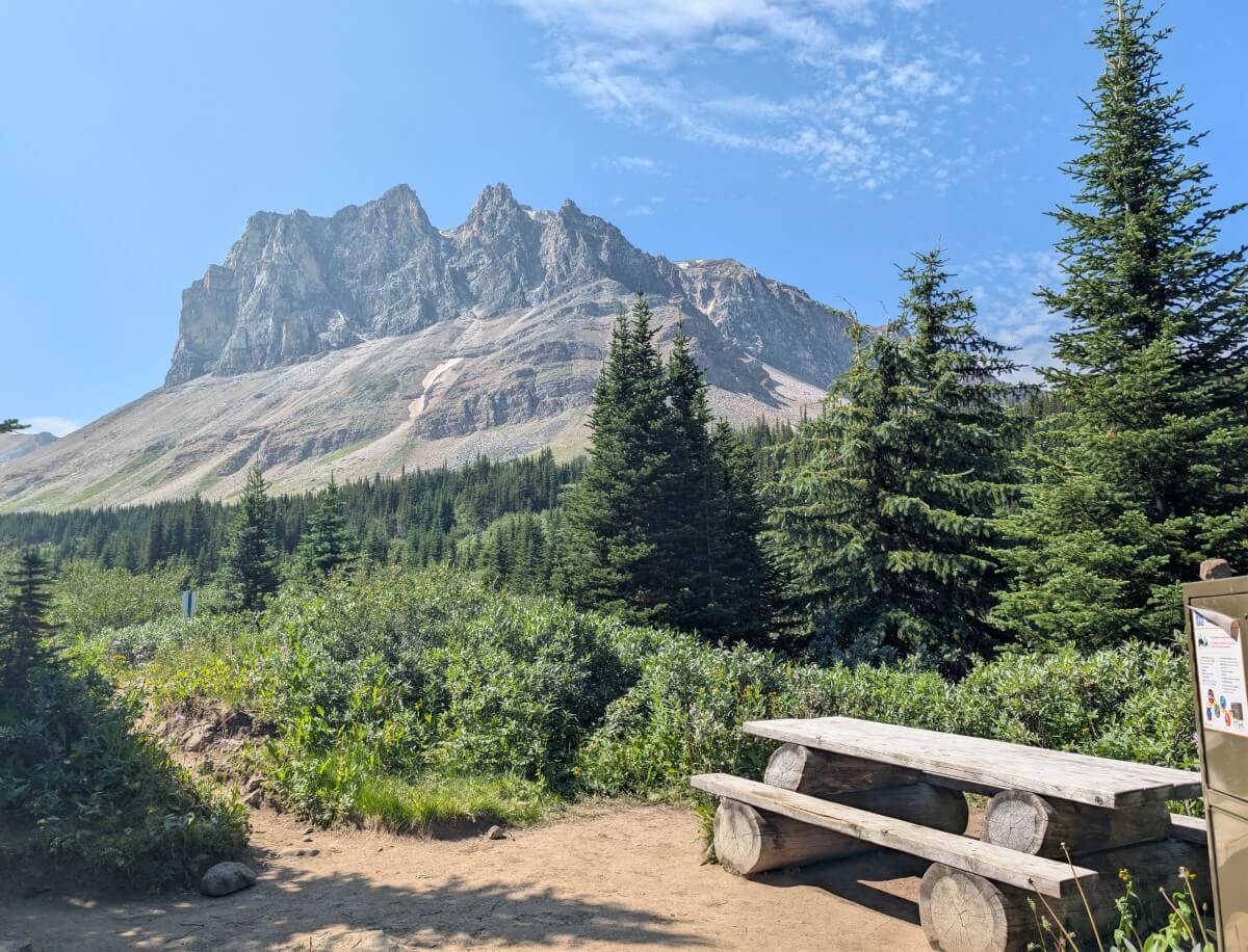 A wooden picnic table on the right hand side with views of an impressive peak (Mount Tekarra) behind