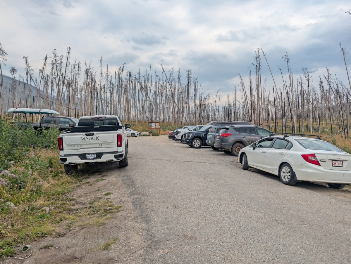 The small Signal Trailhead parking lot filled with more than a dozen vehicles, some on the road itself. There are burned trees in the background