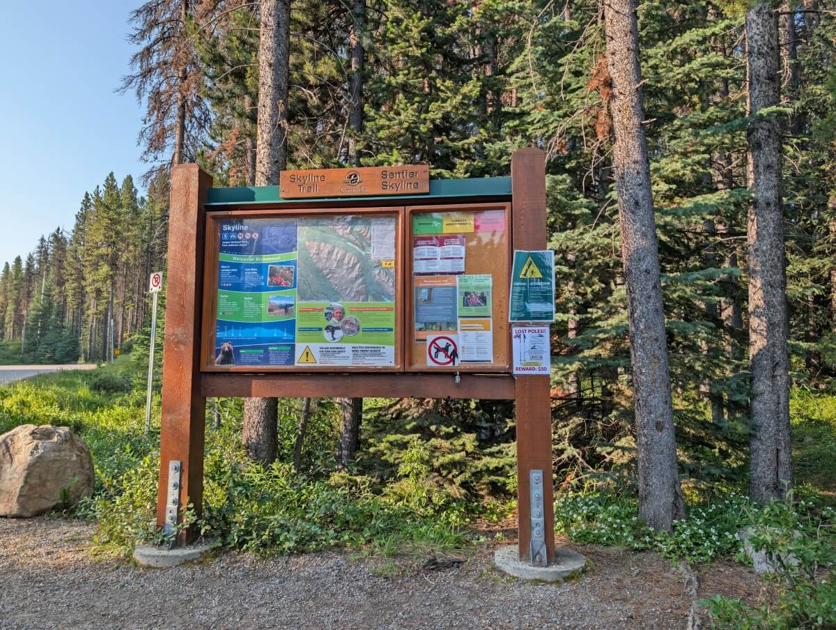 Close up of wooden Skyline Trail information kiosk at the trailhead