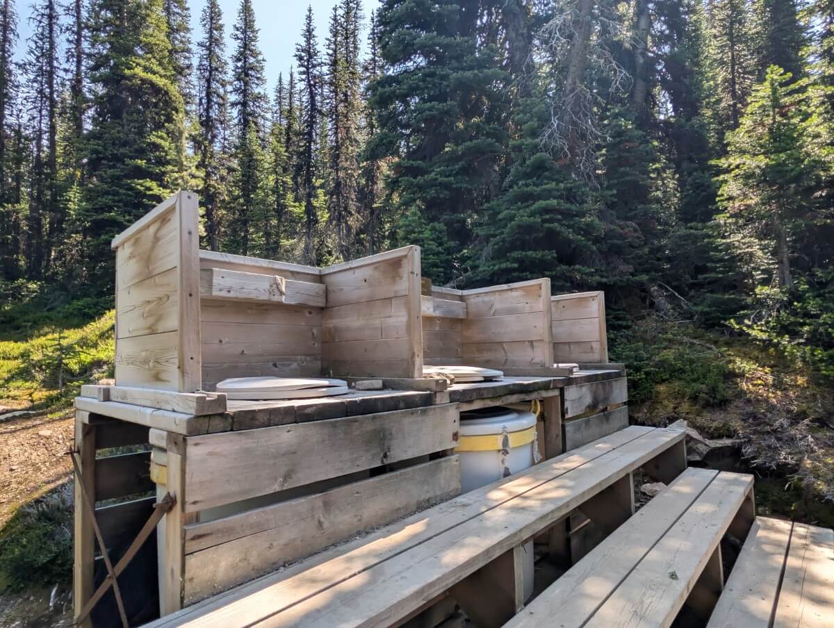 Side view of three wooden steps leading up to a three seat open air outhouse steam, which privacy slats around each seat