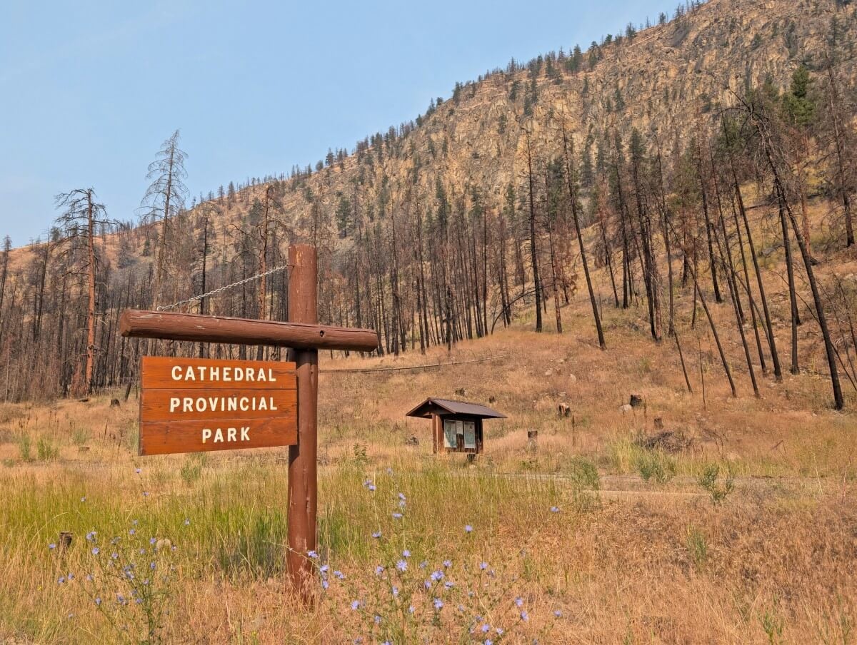 Close up of Cathedral Provincial Park wooden signage, with information kiosk in background
