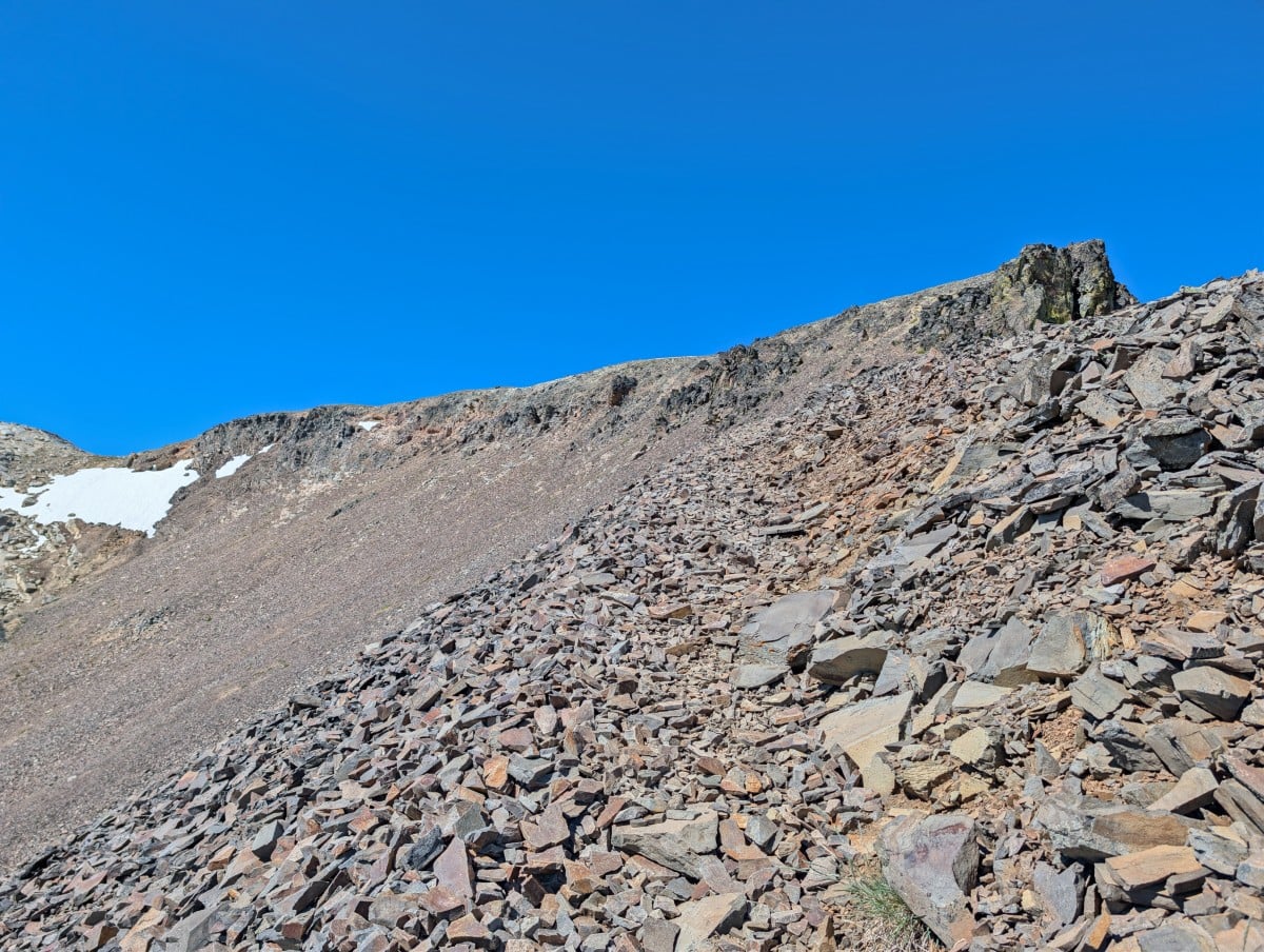 Looking up scree slope towards the Rim Trail - the path ahead is visible but not very clear