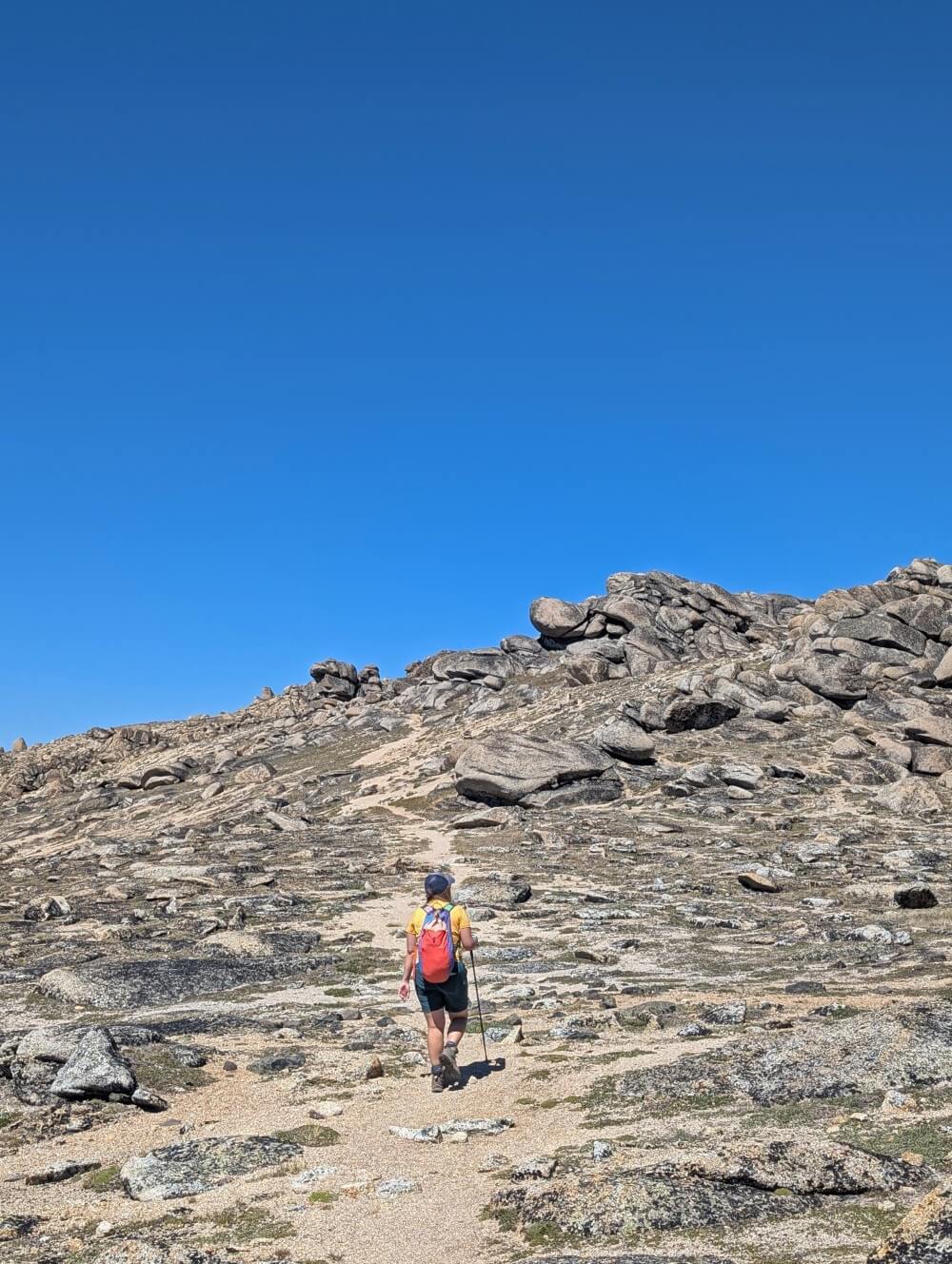 Back view of Gemma hiking with a pole through scattered rocks in the alpine - Stone City in Cathedral Provincial Park