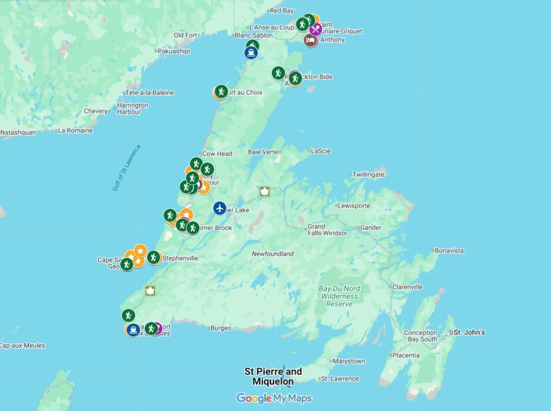 Screenshot of Western Newfoundland on Google Maps with featured locations
